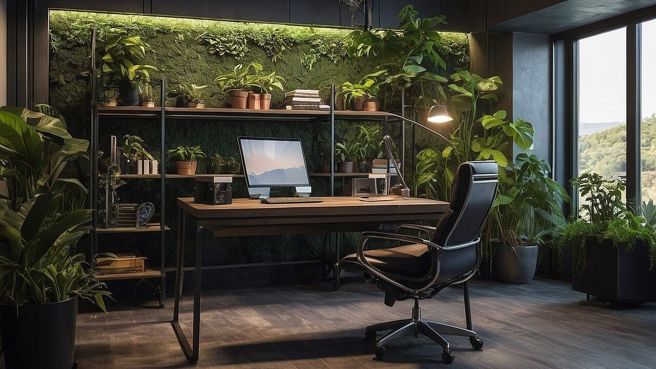 Computer screen with plants in background